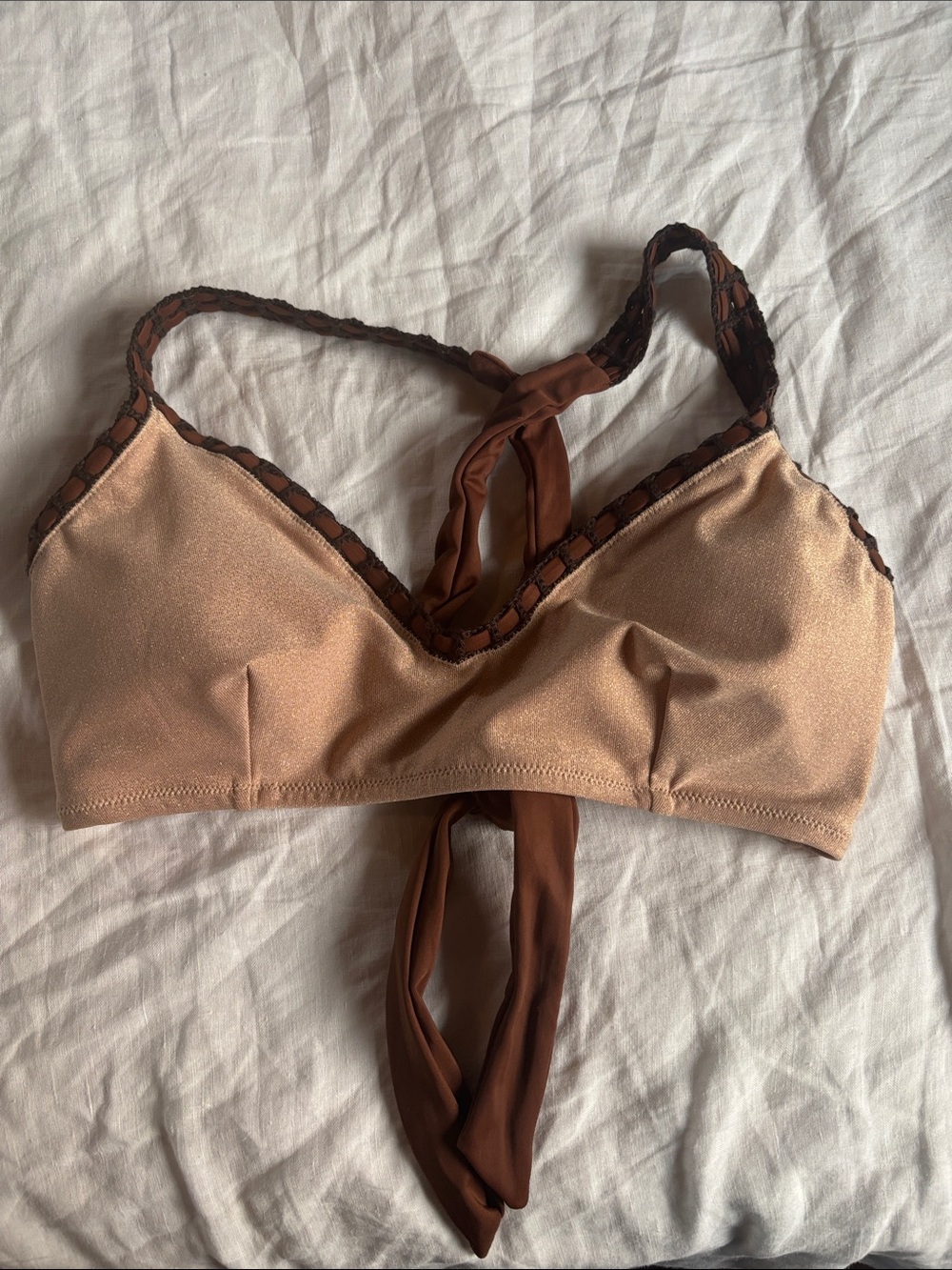 aerie Cream & Brown Tie-Back Bikini Top